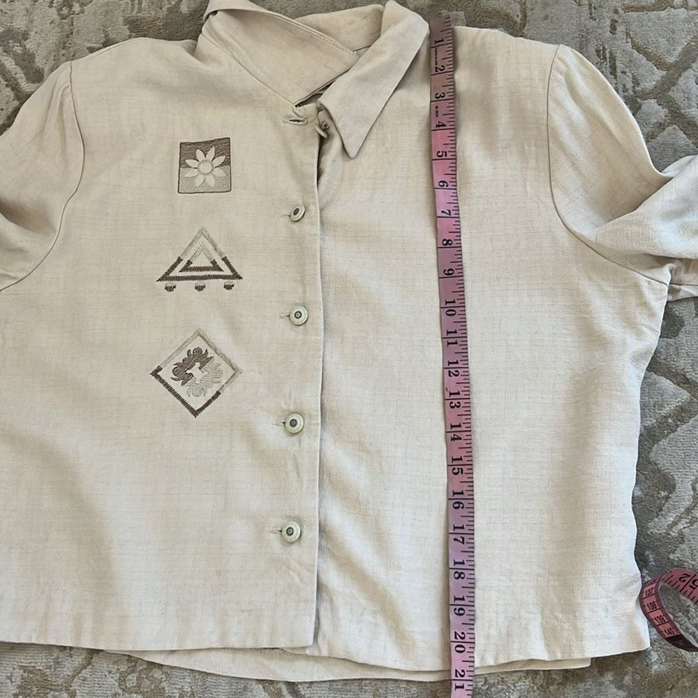 Vintage Abstract Embroidered Button Up Blouse Womens L Petite Linen Look 90s - Picture 5 of 10